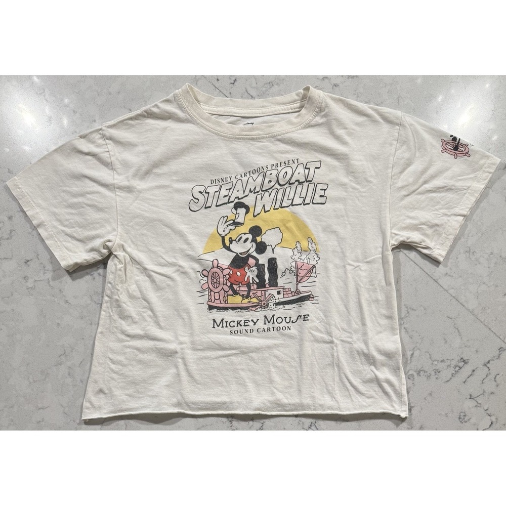Disney Mickey Mouse Steamboat Willie T-Shirt Womens Small Off White Retro Logo